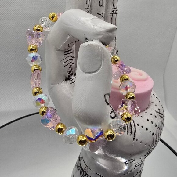 Handmade ✦ Austrian Crystal Bracelet ✦ Pink Butterfly Beads + Gold Accents - Picture 3 of 9
